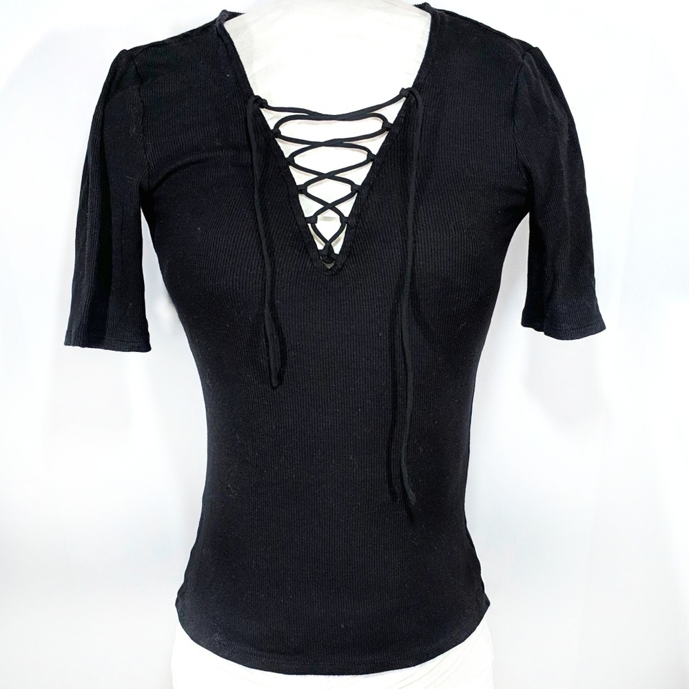 Express tie front ribbed half sleeve top, XS